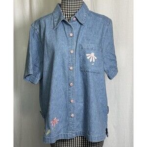 CJ Banks Denim Collared Button Down Embroidered Floral Vintage Shirt 1X